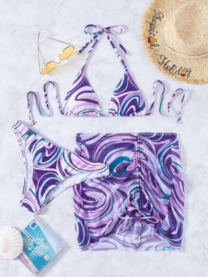 Women Purple Bikini Halter Striped Print 3 Piece Swimsuit