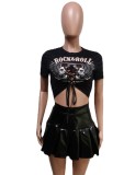 Women Summer Black Casual O-Neck Short Sleeves Skulls Print T-shirt PU Leather Pleated High Waist MiniTwo Piece Skirt Set