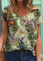 Women Summer Casual V-neck Short Sleeves Floral Print Loose T-Shirt