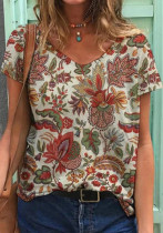 Women Summer Printed Casual V-neck Short Sleeves Loose T-Shirt