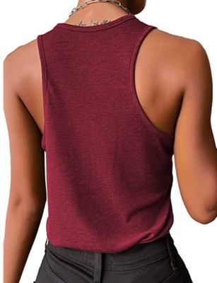 Women Summer Red U-Neck Solid Cotton Blend Button Regular Tank Tops