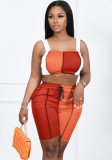 Women Summer Orange Casual Straps Sleeveless High Waist Color Blocking Drawstring Skinny Two Piece Shorts Set
