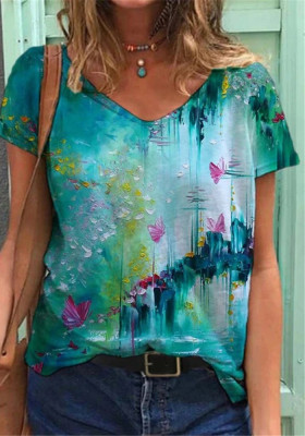 Women Summer Green Casual V-neck Short Sleeves Butterfly Print Loose T-Shirt