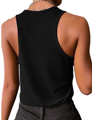 Women Summer Black U-Neck Solid Cotton Blend Button Regular Tank Tops