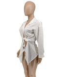 Women Spring White Turn-down Collar Full Sleeves Solid Tied Long Shirt