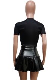Women Summer Black Casual O-Neck Short Sleeves Skulls Print T-shirt PU Leather Pleated High Waist MiniTwo Piece Skirt Set