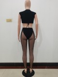 Women Summer Black Sexy Square Neck Sleeveless High Waist Solid Mesh See Through Skinny Two Piece Pants Set