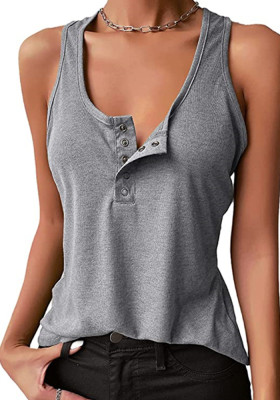 Women Summer Grey U-Neck Solid Cotton Blend Button Regular Tank Tops