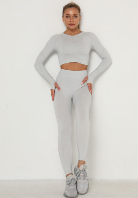 Women Spring Light Grey O-Neck Full Sleeves High Waist Solid Skinny Yoga Top and Leggings Two Piece Pants Set