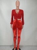 Women Spring Red Sexy V-neck Full Sleeves High Waist Solid Skinny Two Piece Pants Set