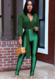Women Green Sexy V-neck Full Sleeves High Waist Solid Skinny Two Piece Pants Set