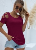 Women Summer Burgunry Casual O-Neck Short Sleeves Solid Hollow Out Regular T-Shirt