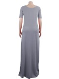 Women Summer Grey Casual V-neck Short Sleeves Print Loose Maxi Dress