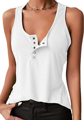 Women Summer White U-Neck Solid Cotton Blend Button Regular Tank Tops