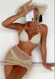 Women Beige Bikini Halter Solid Mesh Skirt 3 Piece Swimsuit