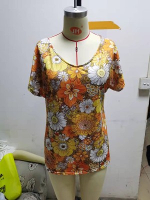 Women Summer Yellow Casual V-neck Short Sleeves Floral Print Loose T-Shirt