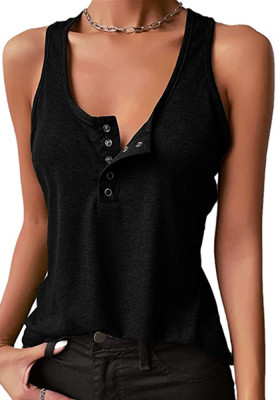Women Summer Black U-Neck Solid Cotton Blend Button Regular Tank Tops