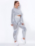 Women Light Grey O-Neck Full Sleeves High Waist Solid Hollow Out Skinny Yoga Top and Leggings Two Piece Pants Set