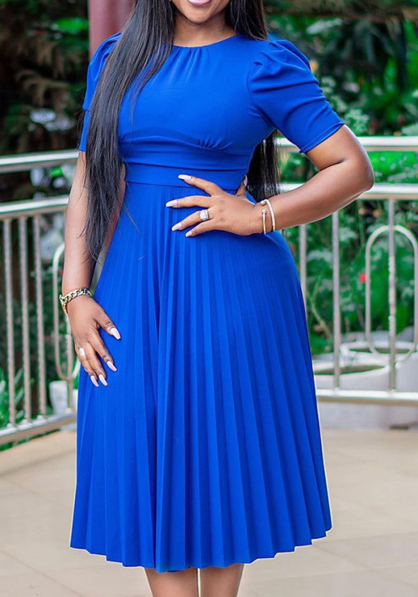 Women Summer Blue Elegant O-Neck Short Sleeves Solid Midi Pleated Plus Size Office Dress