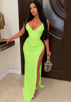 Women Summer Green Sexy Strap Sleeveless Solid Silt Asymmetrical Evening Dress