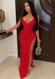 Women Summer Red Sexy V-neck Sleeveless Solid Silt Asymmetrical Evening Dress