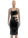 Women Summer Black Sexy Strap Sleeveless Solid PU Leather Hollow Out Midi Pencil Club Dress