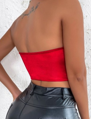 Women Summer Red Strapless Solid Short Crop Tops