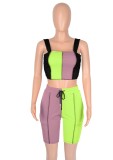 Women Summer Green Casual Straps Sleeveless High Waist Color Blocking Drawstring Skinny Two Piece Shorts Set