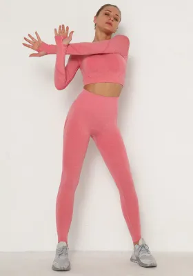 Women Spring Watermelon Red O-Neck Full Sleeves High Waist Solid Skinny Yoga Top and Leggings Two Piece Pants Set