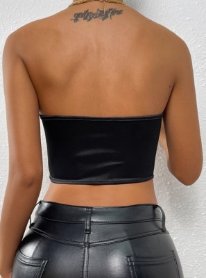 Women Summer Black Strapless Solid Short Crop Tops