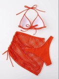 Women Orange Bikini Halter Solid 3 Piece Swimsuit
