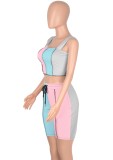 Women Summer Pink Casual Straps Sleeveless High Waist Color Blocking Drawstring Skinny Two Piece Shorts Set