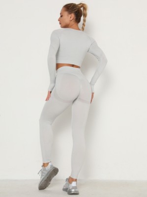 Women Spring Light Grey O-Neck Full Sleeves High Waist Solid Skinny Yoga Top and Leggings Two Piece Pants Set