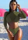 Women Green Cover-Up Halter Solid Long Sleeve 3 Piece Swimsuit