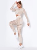 Women Spring Khaki O-Neck Full Sleeves High Waist Solid Hollow Out Skinny Yoga Top and Leggings Two Piece Pants Set