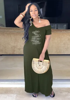 Women Summer Green Casual V-neck Short Sleeves Print Loose Maxi Dress
