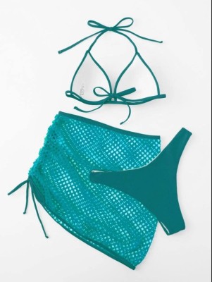 Women Green Bikini Halter Solid Mesh Skirt 3 Piece Swimsuit