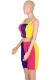 Women Summer Rose Casual Straps Sleeveless High Waist Color Blocking Drawstring Skinny Two Piece Shorts Set