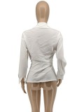 Women Spring White Turn-down Collar Full Sleeves Solid Tied Long Shirt