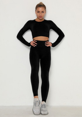Women Spring Black O-Neck Full Sleeves High Waist Solid Skinny Yoga Top and Leggings Two Piece Pants Set