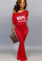 Women Spring Red Casual Slash Neck Batwing Sleeve Letter Print Full Length Loose Jumpsuit