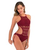 Women Red Halter Solid Hollow Out One Piece Swimsuit