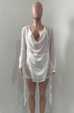 Women Summer White Sexy Deep V-Neck Long Sleeve Top See ThroughTwo Piece Skirt Set