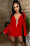 Women Summer Red Sexy Deep V-Neck Long Sleeve Top See ThroughTwo Piece Skirt Set