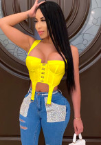 Women Summer Yellow Solid Lace Up Crop Tops