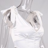 Women Summer White V-neck Solid Strap Knots Crop Tops