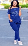 Women Summer Blue Casual Slash Neck Short Sleeves Letter Print Button Top Plus Size Two Piece Pants Set