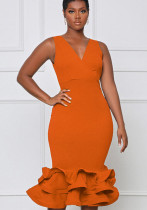 Women Summer Orange Sexy V-neck Sleeveless Solid Ruffles Layered Midi Dress