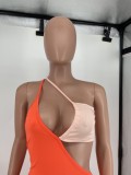 Women Summer Orange Sexy Color Blocking Hollow Out Maxi Dress