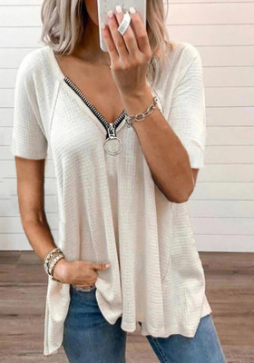Women Summer White Casual V-neck Short Sleeves Solid Zippers Long T-Shirt